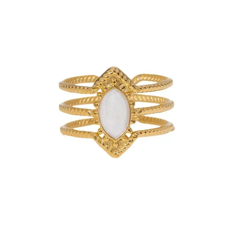 Bague en acier inoxydable ajustable dorée et argentée pas cher cadeau pour femme agate blanche