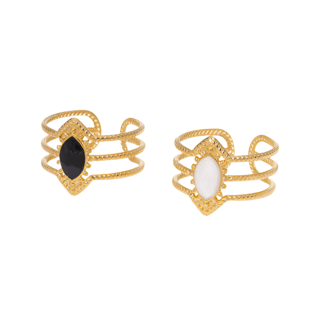 Bague en acier inoxydable ajustable dorée pas cher cadeau pour femme agate blanche et noir