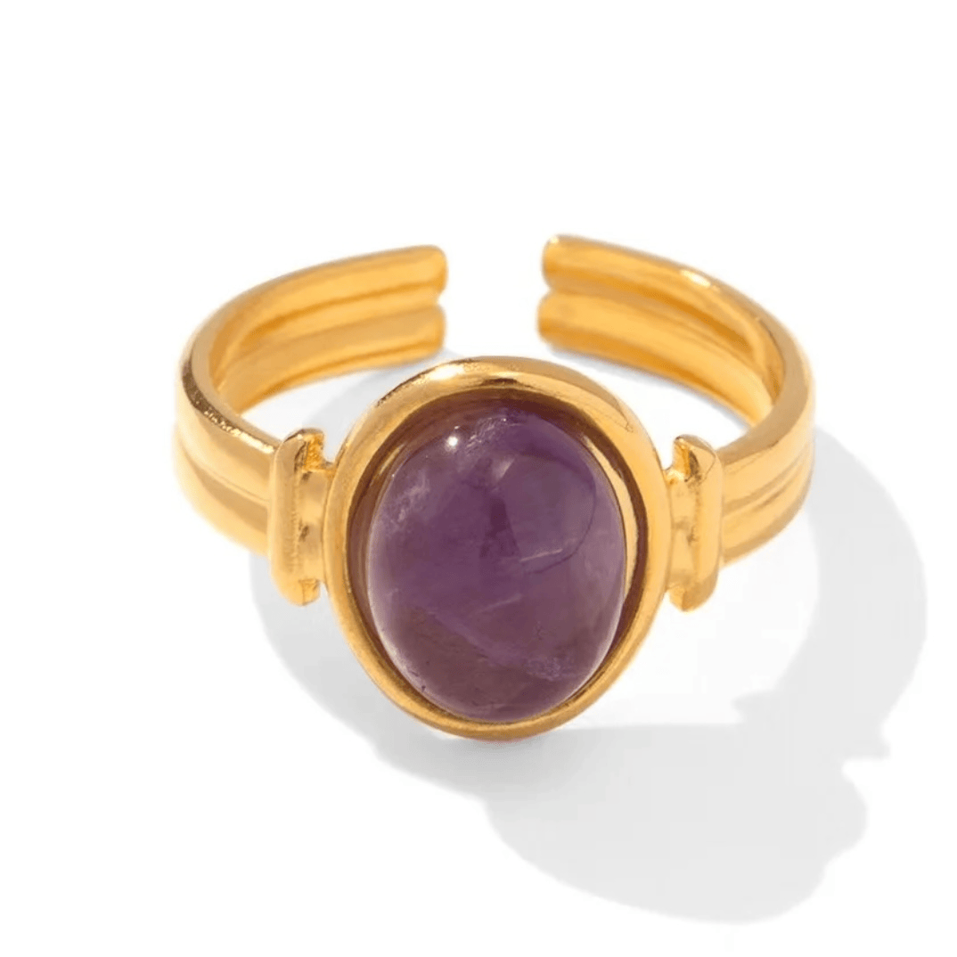 Bague en acier inoxydable ajustable dorée pas cher tendance cadeau pour femme agate mauve