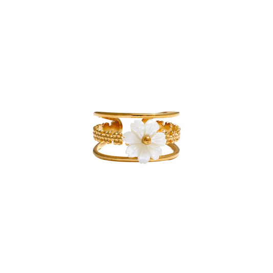 Bague en acier inoxydable ajustable fleur blanche