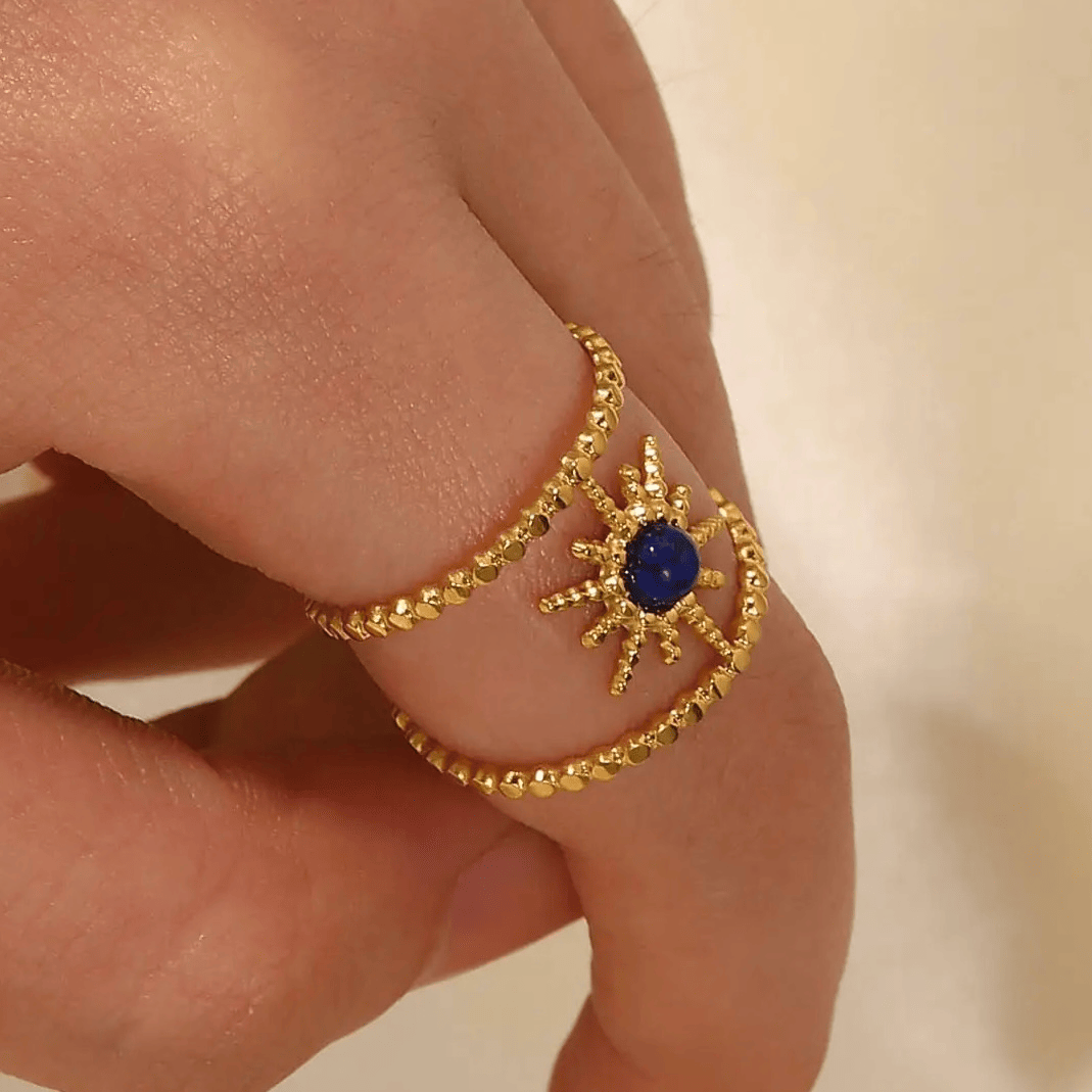 Bague en acier inoxydable ajustable dorée pas cher tendance cadeau pour femme pierre bleue