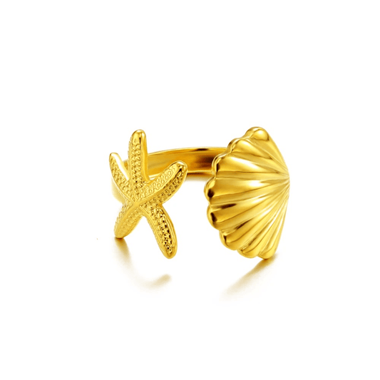 Bague en acier inoxydable ajustable coquillage et étoile de mer