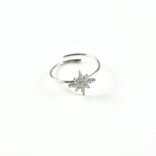 Bague étoile polaire astrale en acier inoxydable ajustable et zircon pas cher cadeau femme argentée