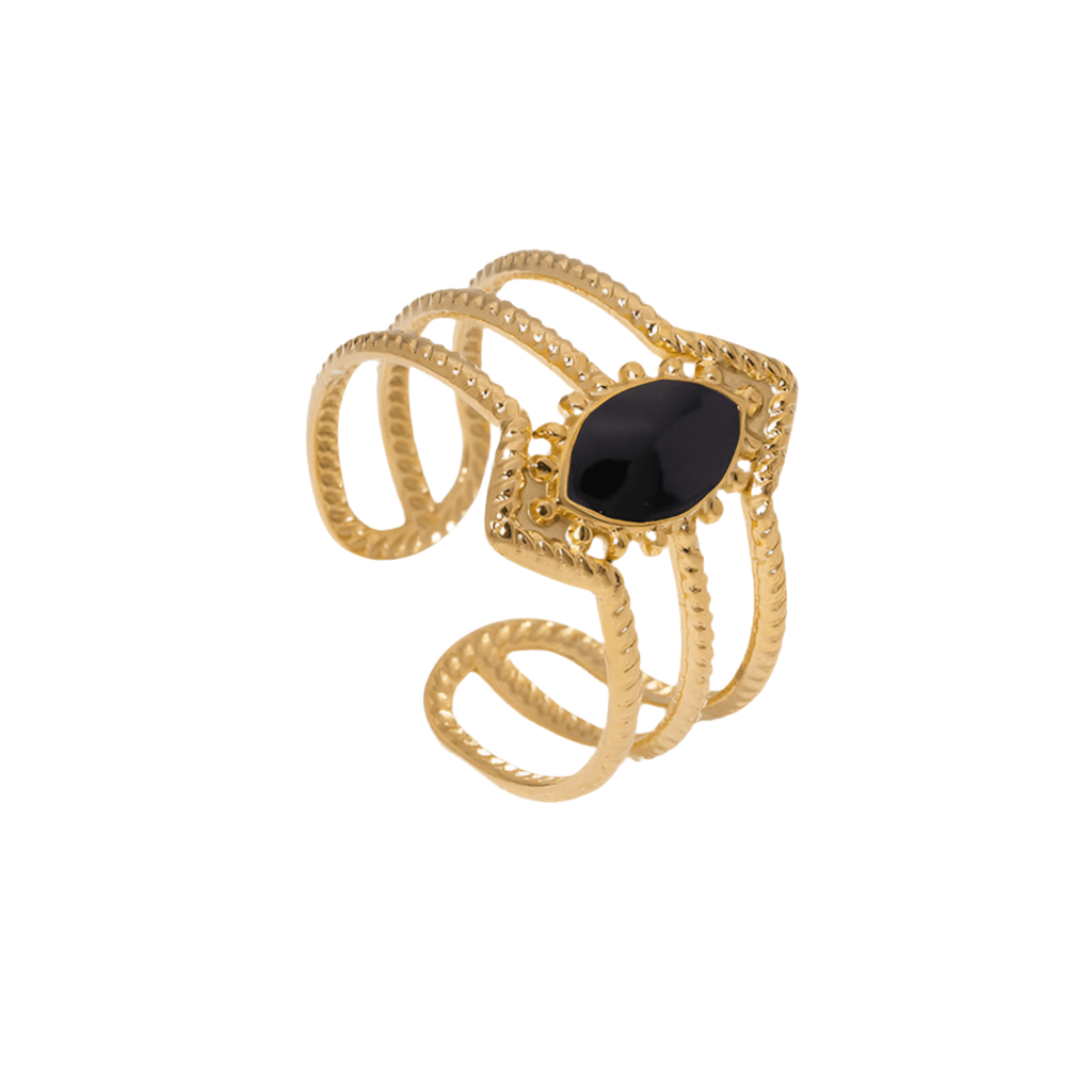 Bague en acier inoxydable ajustable dorée pas cher cadeau pour femme agate noir