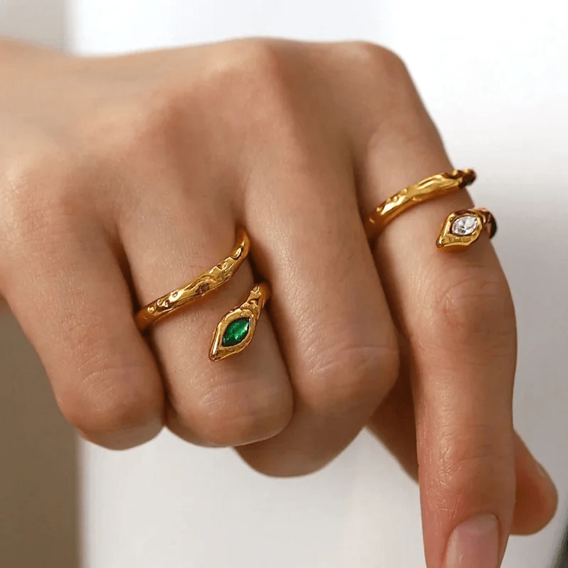 Bague en acier inoxydable serpent pas cher ajustable zircon vert et blanc