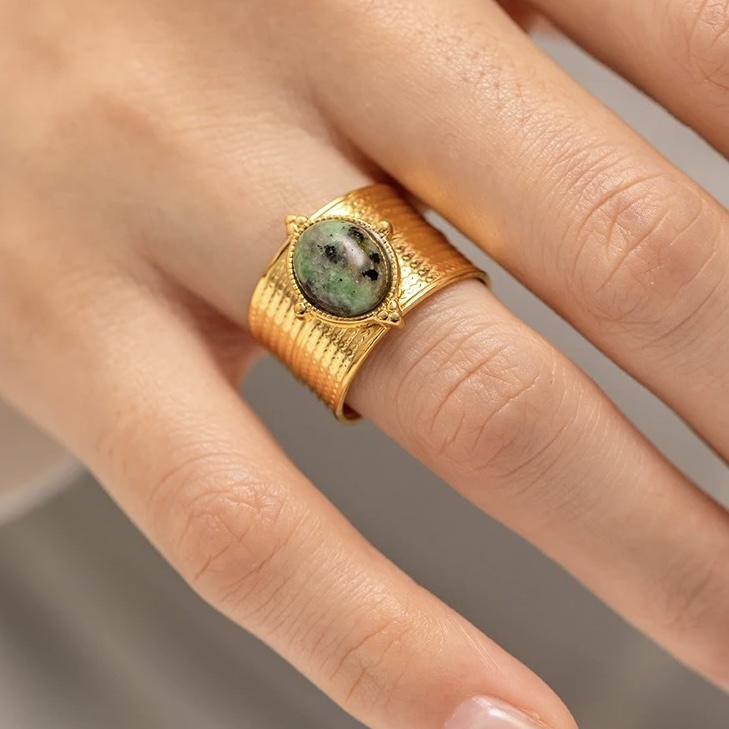 Bague en acier inoxydable ajustable dorée pas cher tendance cadeau pour femme turquoise africaine