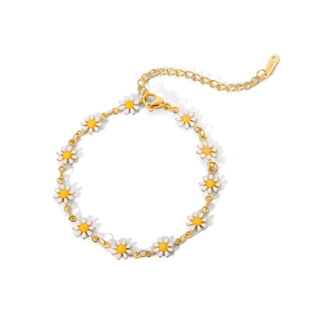 Bracelet fleurs camomilles en cœur inoxydable ajustable doré fait main pas cher