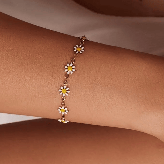 Bracelet fleurs camomilles en cœur inoxydable ajustable doré fait main