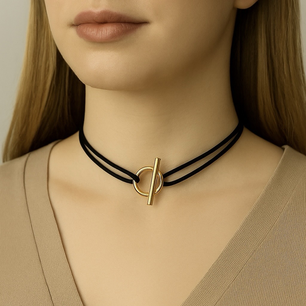 Collier cordon breloque rond et bâton acier inoxydable