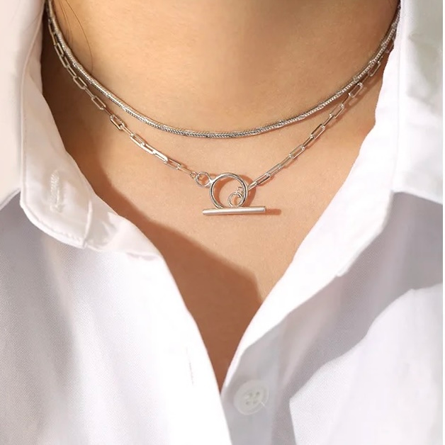 Collier maille en acier inoxydable ajustable argenté bare pas cher cadeau femme