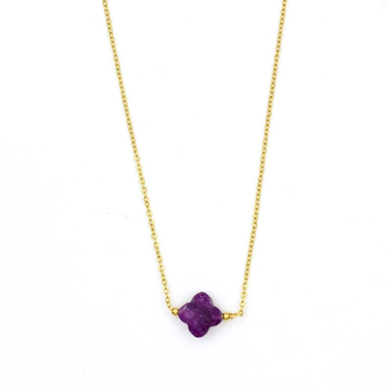 Collier trèfle pierre naturelle et acier inoxydable pas cher améthyste mauve