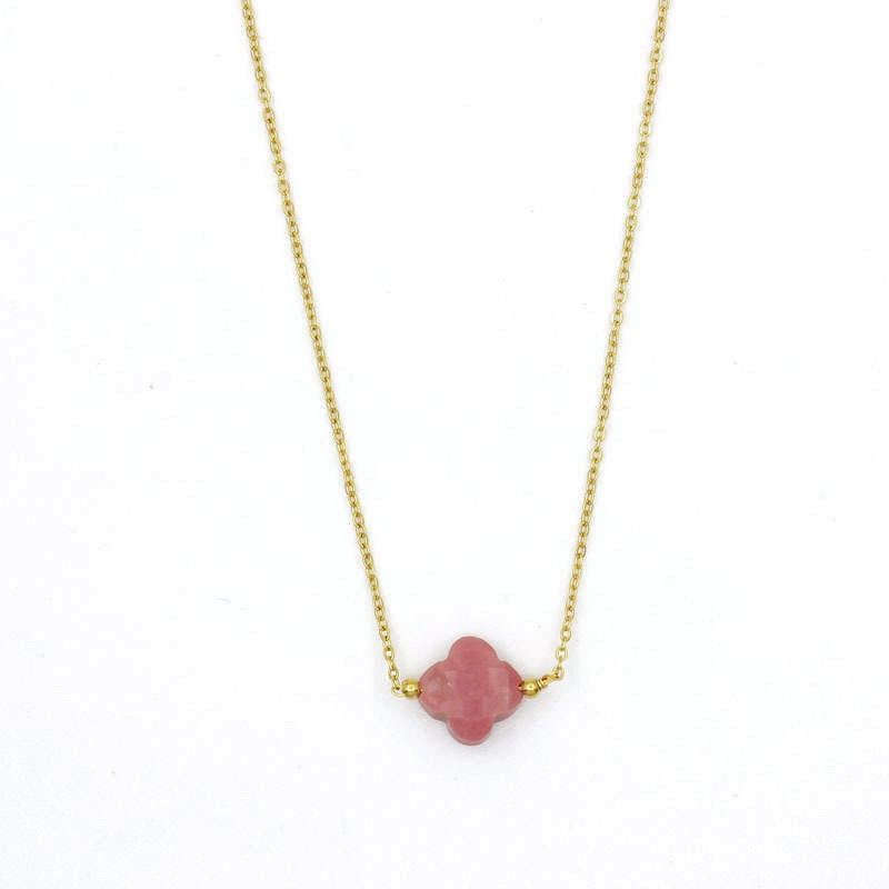 Collier trèfle pierre naturelle et acier inoxydable pas cher agate pastel