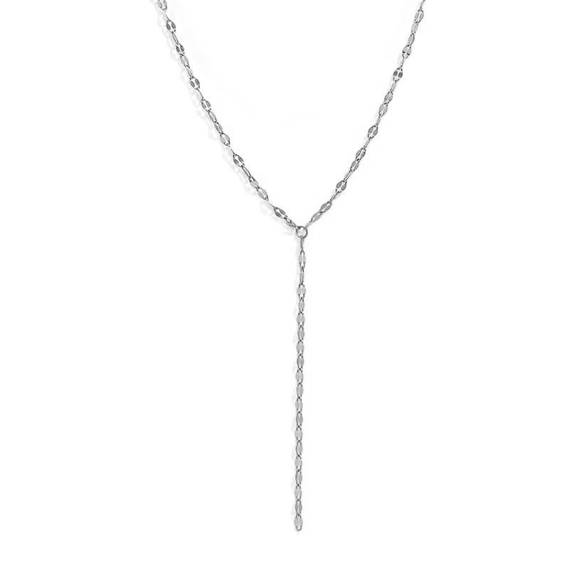 Collier y en acier inoxydable. Collier cravate argenté.