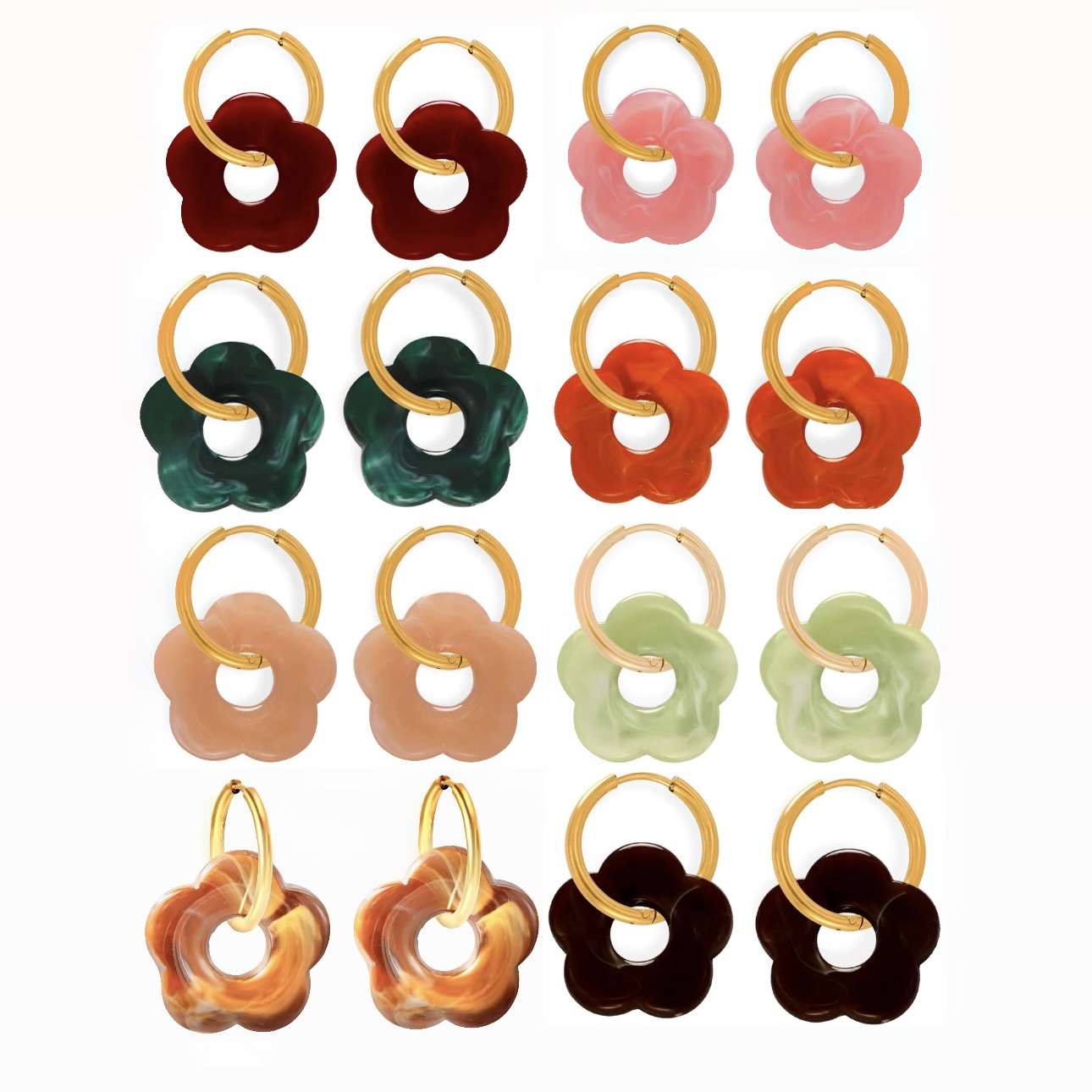 Boucles d’oreilles fleur résine et anneau acier inoxydable