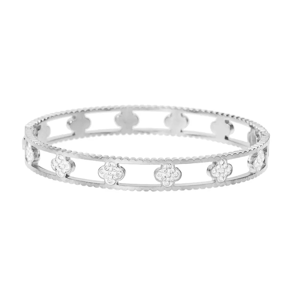 Bracelet trèfle argenté en acier inoxydable et diamant pas cher