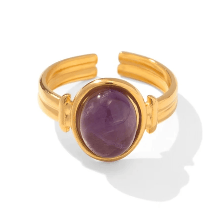 Bague en acier inoxydable ajustable dorée  pas cher tendance cadeau pour femme agate mauve 