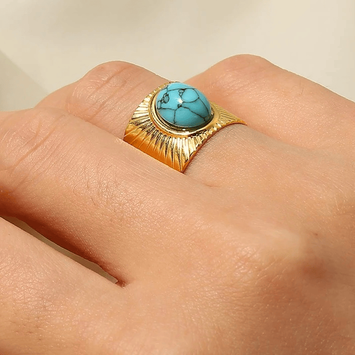 Bague en acier inoxydable ajustable dorée  pas cher tendance cadeau pour femme pierre turquoise 