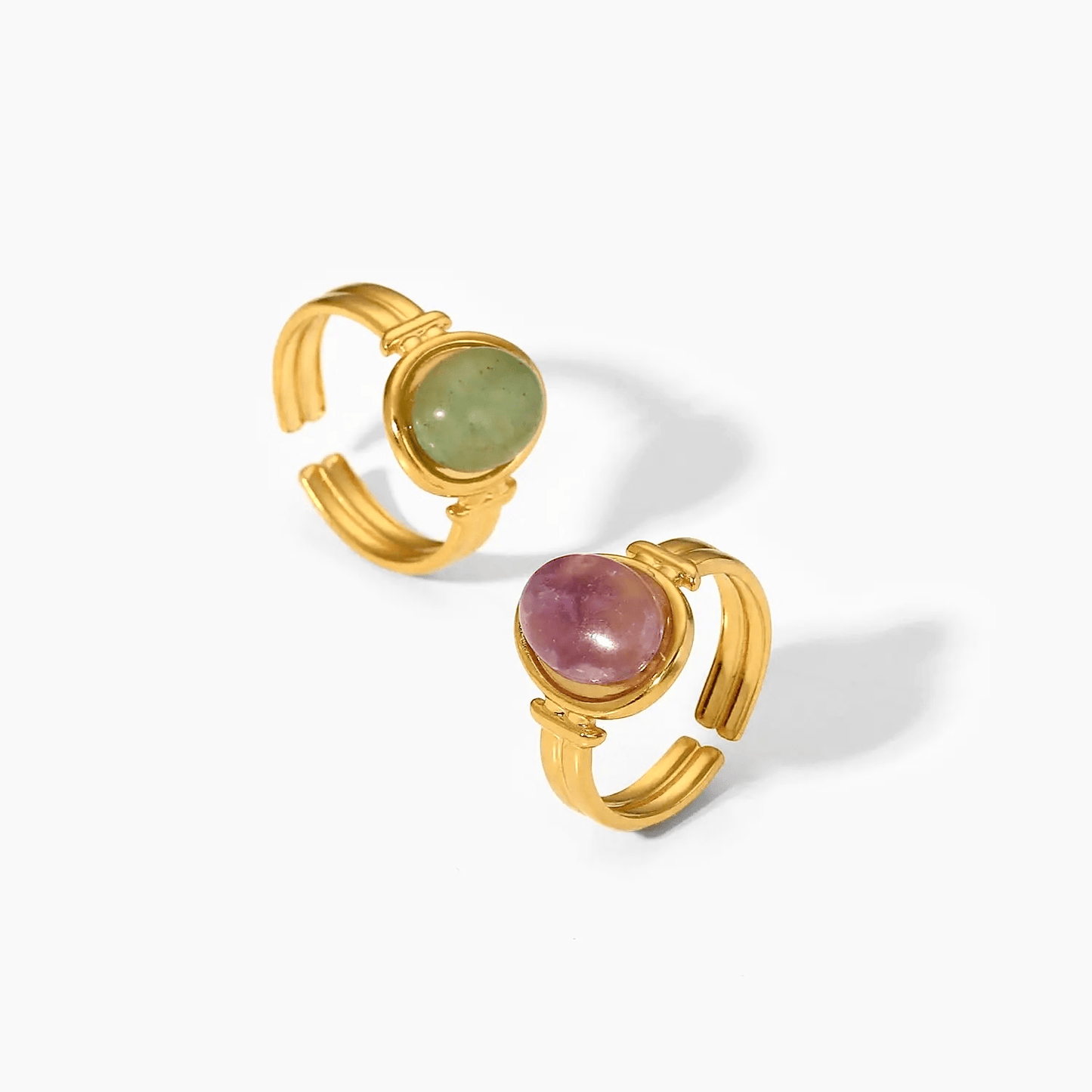 Bague en acier inoxydable ajustable dorée  pas cher tendance cadeau pour femme agate verte et mauve 