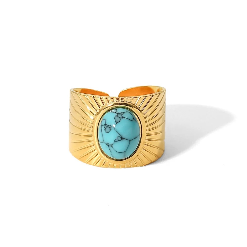 Bague en acier inoxydable ajustable dorée  pas cher tendance cadeau pour femme pierre turquoise 