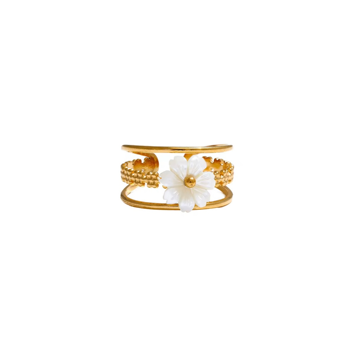 Bague en acier inoxydable ajustable fleur blanche 