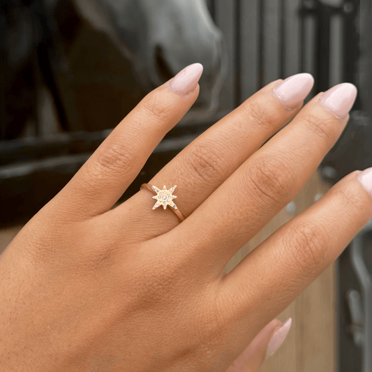 Bague étoile polaire astrale en acier inoxydable ajustable et zircon pas cher cadeau femme dorée 