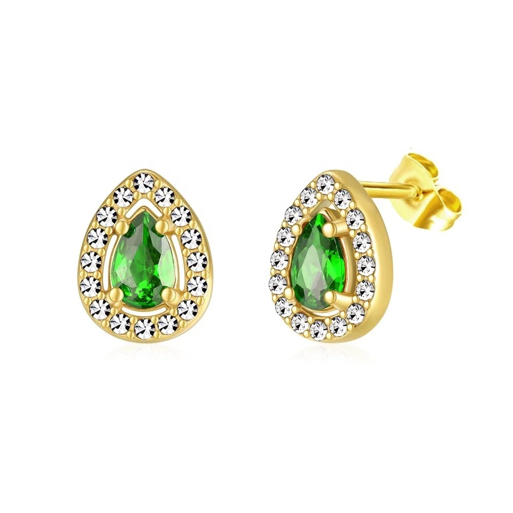 Boucle d’oreilles zircon et acier inoxydable poire vert