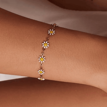 Bracelet fleurs camomilles en cœur inoxydable ajustable doré fait main 