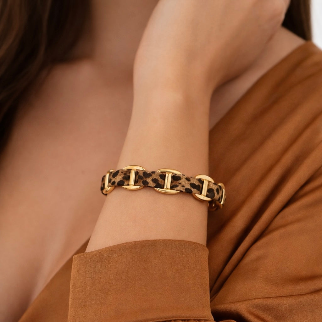 Bracelet jonc léopard en acier inoxydable maille marine ajustable 