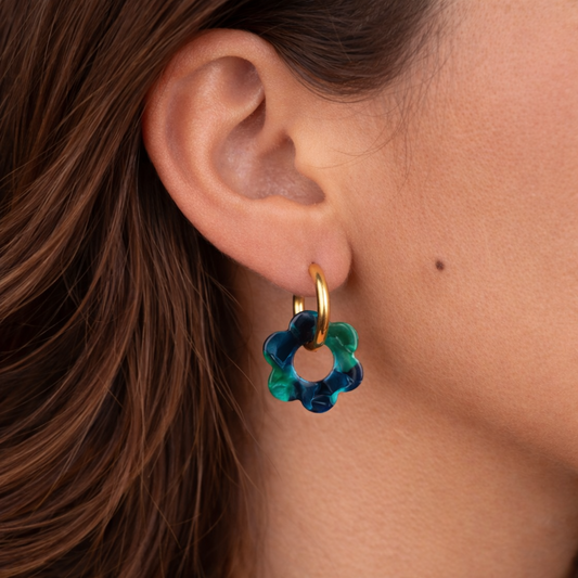Fleur verte et bleu résine boucles d’oreilles en acier inoxydable 